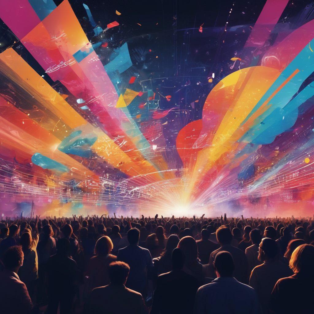 A vibrant and dynamic collage featuring various music charts, concert scenes with enthusiastic crowds, and industry professionals in discussion. The background should have musical notes and event flyers to emphasize community engagement in the music industry. Bright, engaging colors that evoke excitement and energy, with elements of technology symbolizing insights and trends. super-realistic. vibrant colors. 3D.
