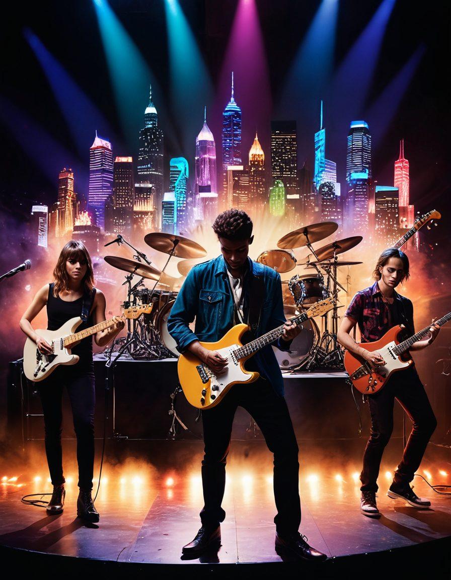 A vibrant collage of diverse indie musicians performing on stage, illuminated by colorful spotlights, with an audience captivated by the music. Include artistic representations of musical instruments and unique fashion styles, showcasing their individuality and creativity. In the background, hint at a cityscape symbolizing growth and future potential. super-realistic. vibrant colors. dynamic composition.
